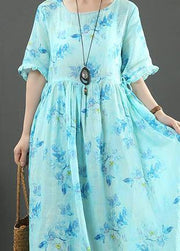 100% o neck Cinched linen summer dresses design blue print Dresses - bagstylebliss