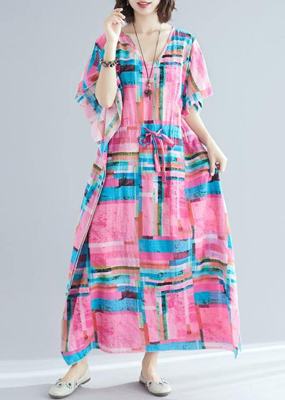 100% pink print Tunics v neck drawstring long summer Dresses - bagstylebliss