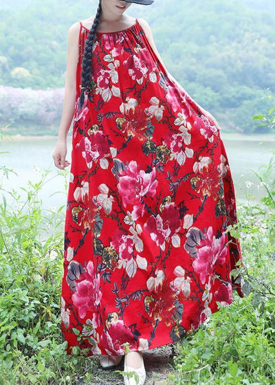 100% red floral linen sleeveless long summer Dresses - bagstylebliss