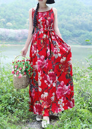 100% red floral linen sleeveless long summer Dresses - bagstylebliss