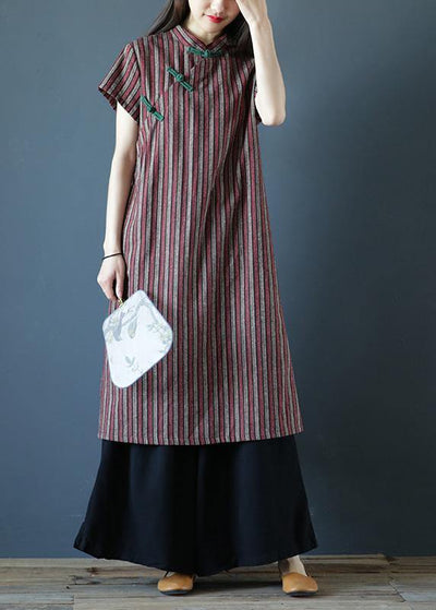 100% striped cotton Tunics stand collar Chinese Button Art Dress - bagstylebliss