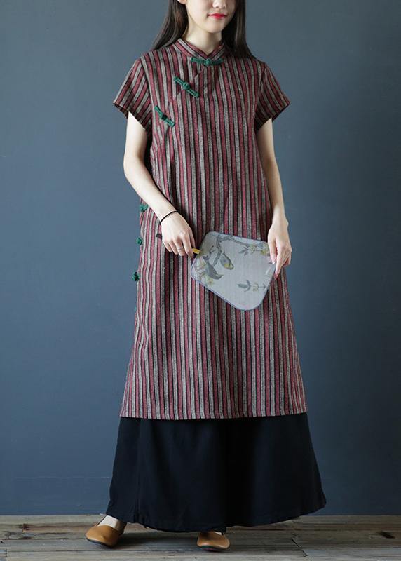 100% striped cotton Tunics stand collar Chinese Button Art Dress - bagstylebliss