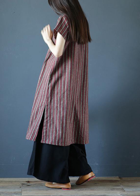 100% striped cotton Tunics stand collar Chinese Button Art Dress - bagstylebliss