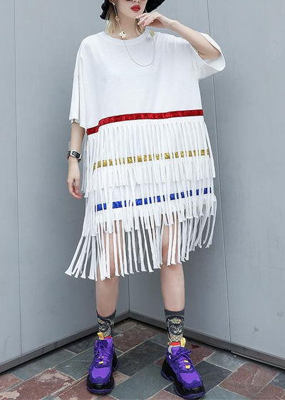 100% white Cotton clothes layered tassel shift summer Dresses - bagstylebliss