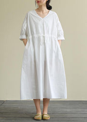 100% white cotton tunic pattern v neck drawstring Maxi Dress - bagstylebliss