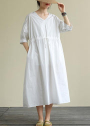 100% white cotton tunic pattern v neck drawstring Maxi Dress - bagstylebliss