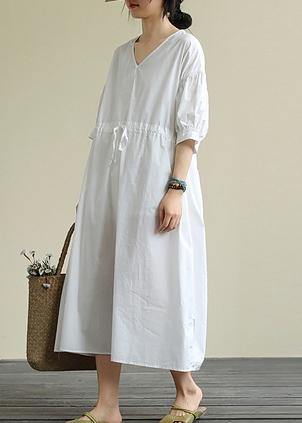 100% white cotton tunic pattern v neck drawstring Maxi Dress - bagstylebliss
