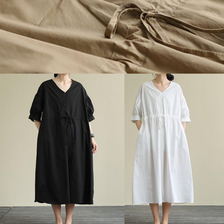 100% white cotton tunic pattern v neck drawstring Maxi Dress - bagstylebliss