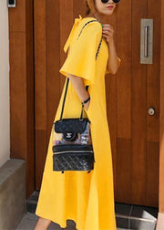 100% yellow cotton linen Long Shirts flare sleeve Bow loose summer Dress - bagstylebliss
