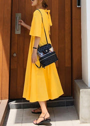 100% yellow cotton linen Long Shirts flare sleeve Bow loose summer Dress - bagstylebliss