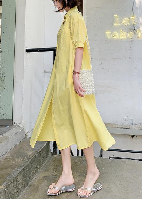 100% yellow lapel collar cotton quilting dresses lapel collar loose Dress - bagstylebliss