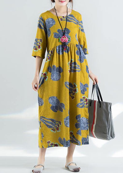 100% yellow prints linen dress Boho Catwalk high waist summer Dresses - bagstylebliss