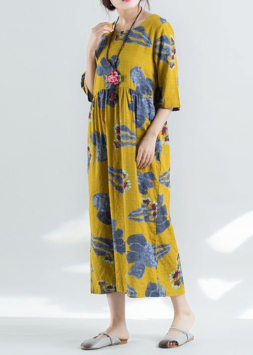 100% yellow prints linen dress Boho Catwalk high waist summer Dresses - bagstylebliss