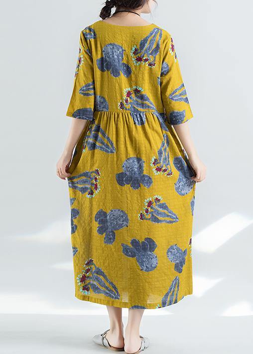 100% yellow prints linen dress Boho Catwalk high waist summer Dresses - bagstylebliss