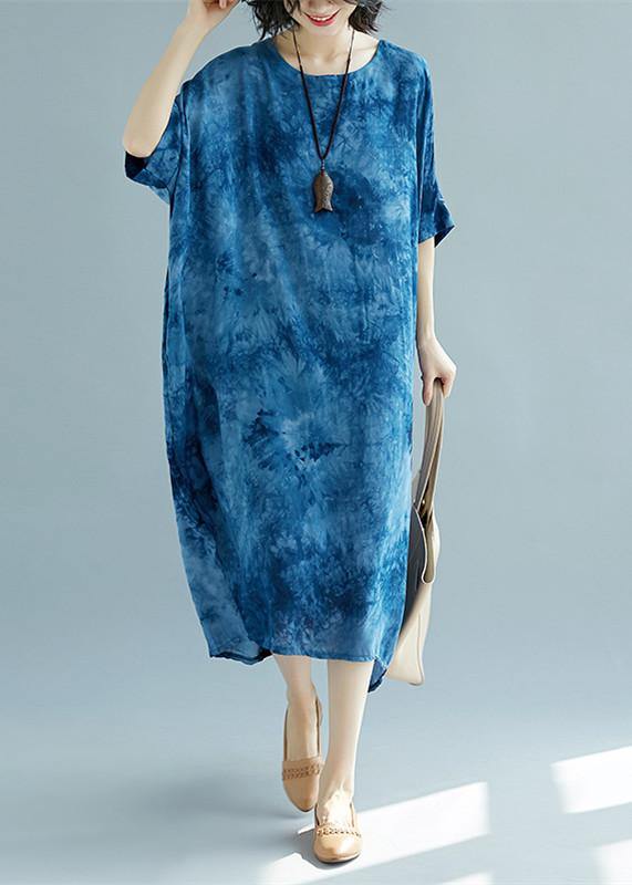 2019 blue long linen dress plus size O neck floral linen clothing dresses casual short sleeve baggy dresses linen caftans - bagstylebliss
