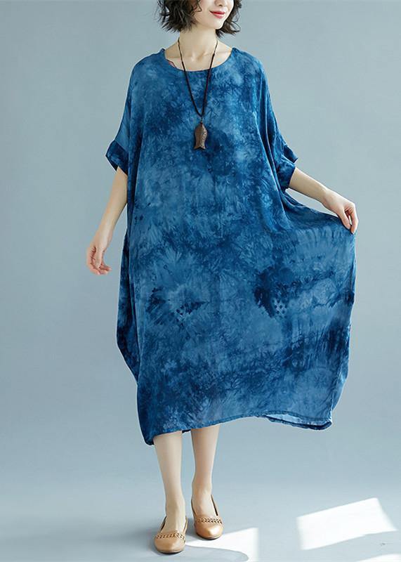 2019 blue long linen dress plus size O neck floral linen clothing dresses casual short sleeve baggy dresses linen caftans - bagstylebliss