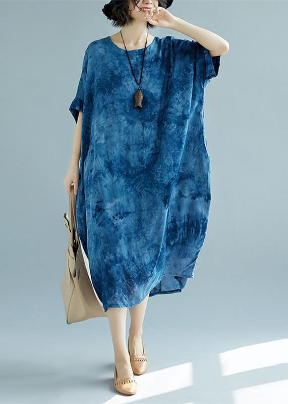 2019 blue long linen dress plus size O neck floral linen clothing dresses casual short sleeve baggy dresses linen caftans - bagstylebliss