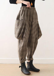 19 original design literary loose knitted brown plaid harem pants - bagstylebliss
