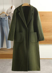 Luxury Army Green Wool Overcoat Casual Notched Pockets Winter Coat - bagstylebliss