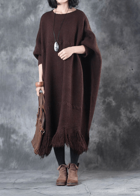 2021 Fall Tassel Sweater weather Vintage chocolate Fuzzy sweater dress - bagstylebliss