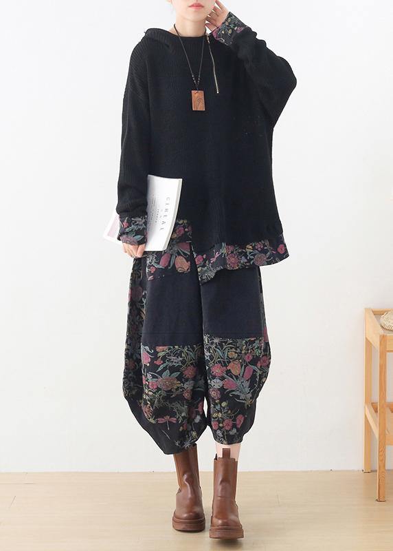 20 new zipper asymmetric black print Hoodie and patchwork wide leg pants - bagstylebliss