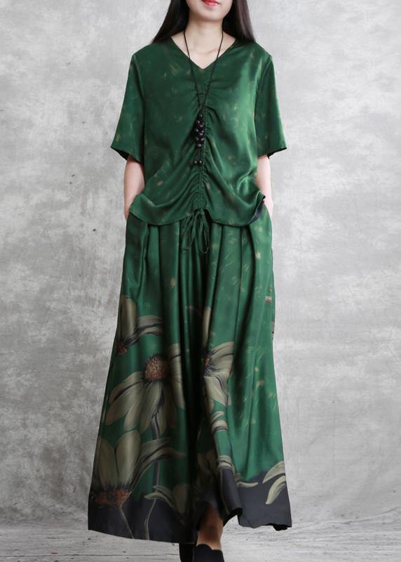 20 summer retro suit female green V-neck five-point sleeve shirt + big swing skirt pants - bagstylebliss