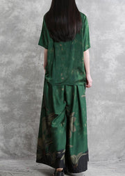 20 summer retro suit female green V-neck five-point sleeve shirt + big swing skirt pants - bagstylebliss