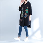 2024 autumn black print cotton coats plus size low high hooded trench coats