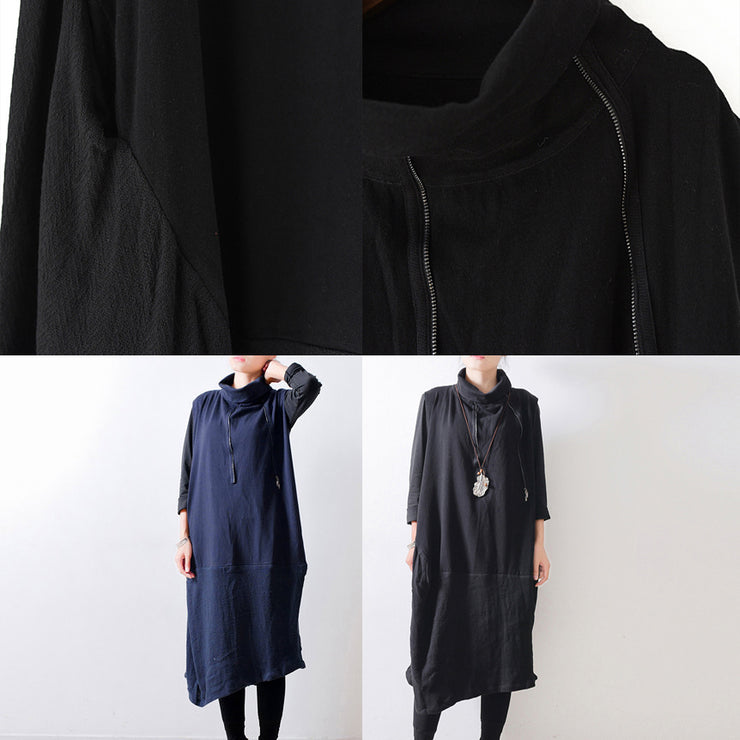 2024 autumn black shoulder zipper linen dresses cotton patchwork caftans  plus size gowns