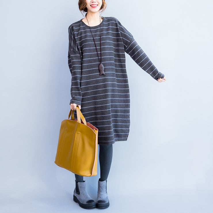 2024 autumn gray casual knit dresses plus size striped sweater dress