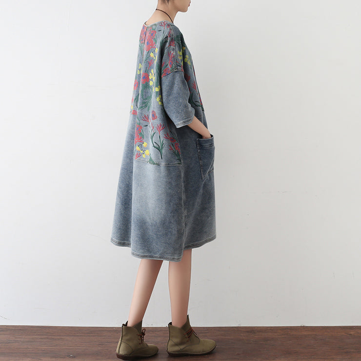 2024 Autumn Oversize Denim Dresses Blooming Flowers Casual Denim Shirts