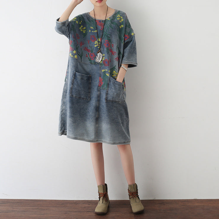 2024 Autumn Oversize Denim Dresses Blooming Flowers Casual Denim Shirts