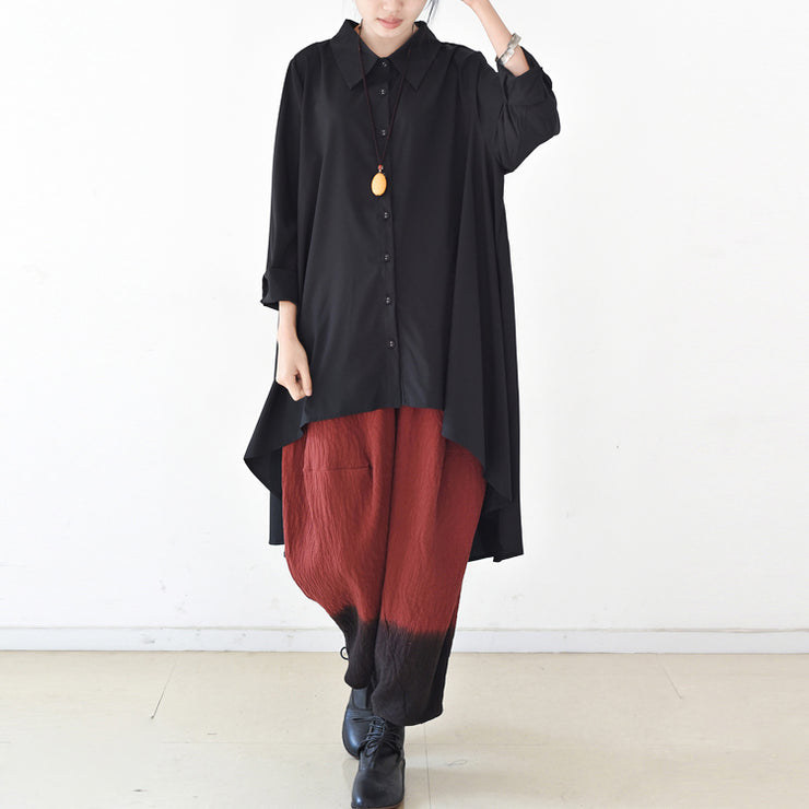 2024 autumn thin black cotton shirts asymmetrical design low high blouses oversized cotton tops