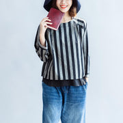 2024 black gray striped linen tops plus size linen casual long sleeve t shirts