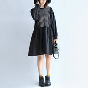 2024 dark striped knit patchwork cotton dresses plus size o neck casual dress