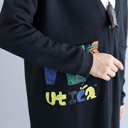 2024 fall black alphabet print cotton coat plus size v neck hooded cardigans outwear