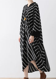 2024 fall black strip caftans V neck oversized cotton maxi dresses traveling gown