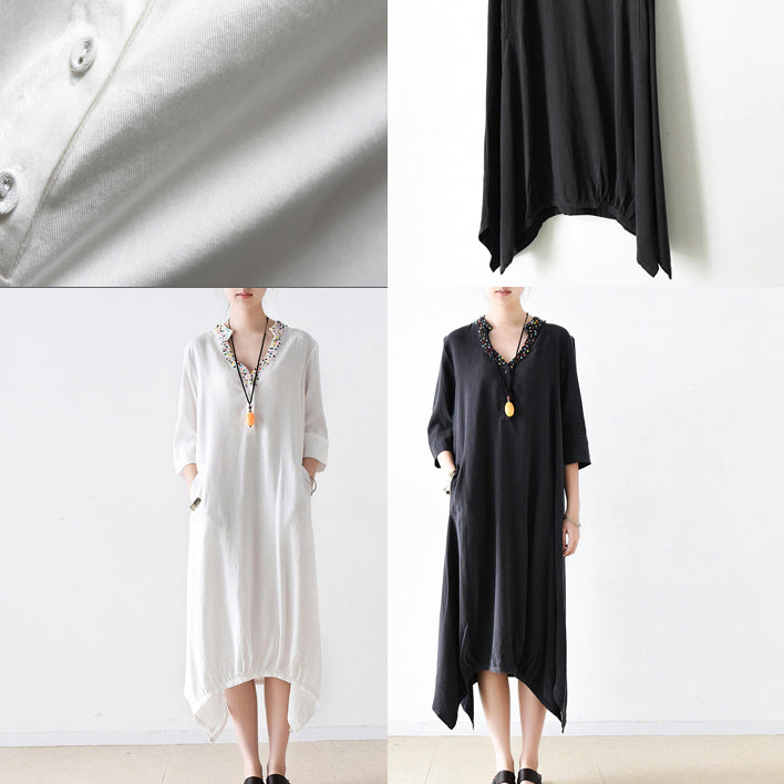 2024 fall cotton dresses V neck plus size white dresses beads details black cotton dresses