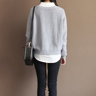 2024 fall gray cotton knit tops oversize casual batwing sleeve sweater pullover