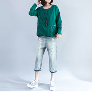 2024 fall green fashion cotton blouse loose  fit t shirt