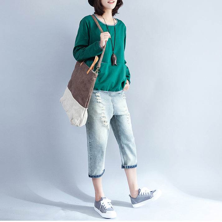 2024 fall green fashion cotton blouse loose  fit t shirt