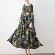 2024 fall green floral tunic linen dresses long cotton maxi dress gown