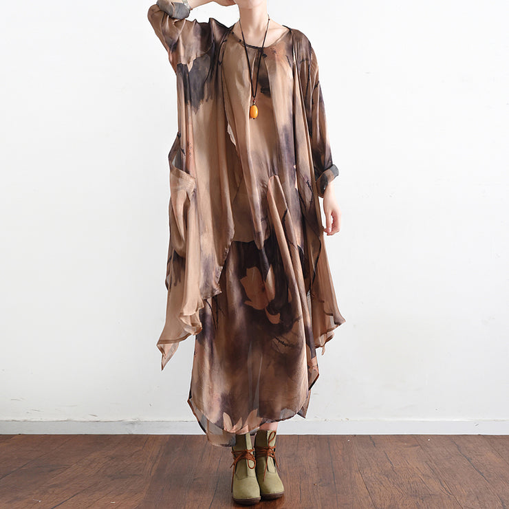 2024 fall khaki print silk dresses flowy baggy caftans two pieces