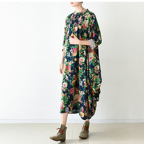 2024 fall navy baggy floral linen dresses oversized caftans long cotton dress