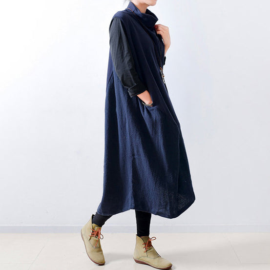 2024 fall navy linen dresses shoulder zipper design oversized caftans gown