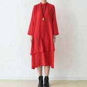 2024 fall red cotton dresses layered long maxi dress vintage high neck design