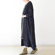 2024 fall trend Navy jacquard linen coats long maxi coat V neck casual cardigan