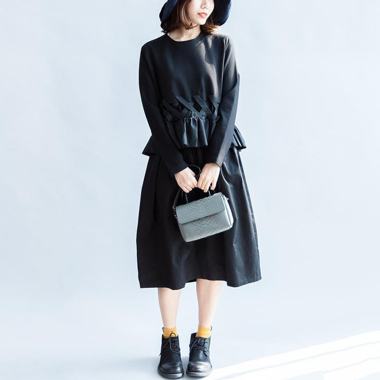 2024 fall vintage black cotton dresses baggy loose ruffles long sleeve casual dress