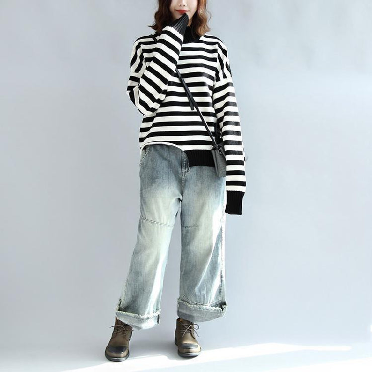 2024 fashion black white striped cotton knit tops plus size asymmetric design sweater