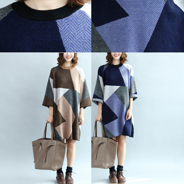 2024 geometric patchwork cotton knit dresses plus size casual bracelet sleeved sweater dress